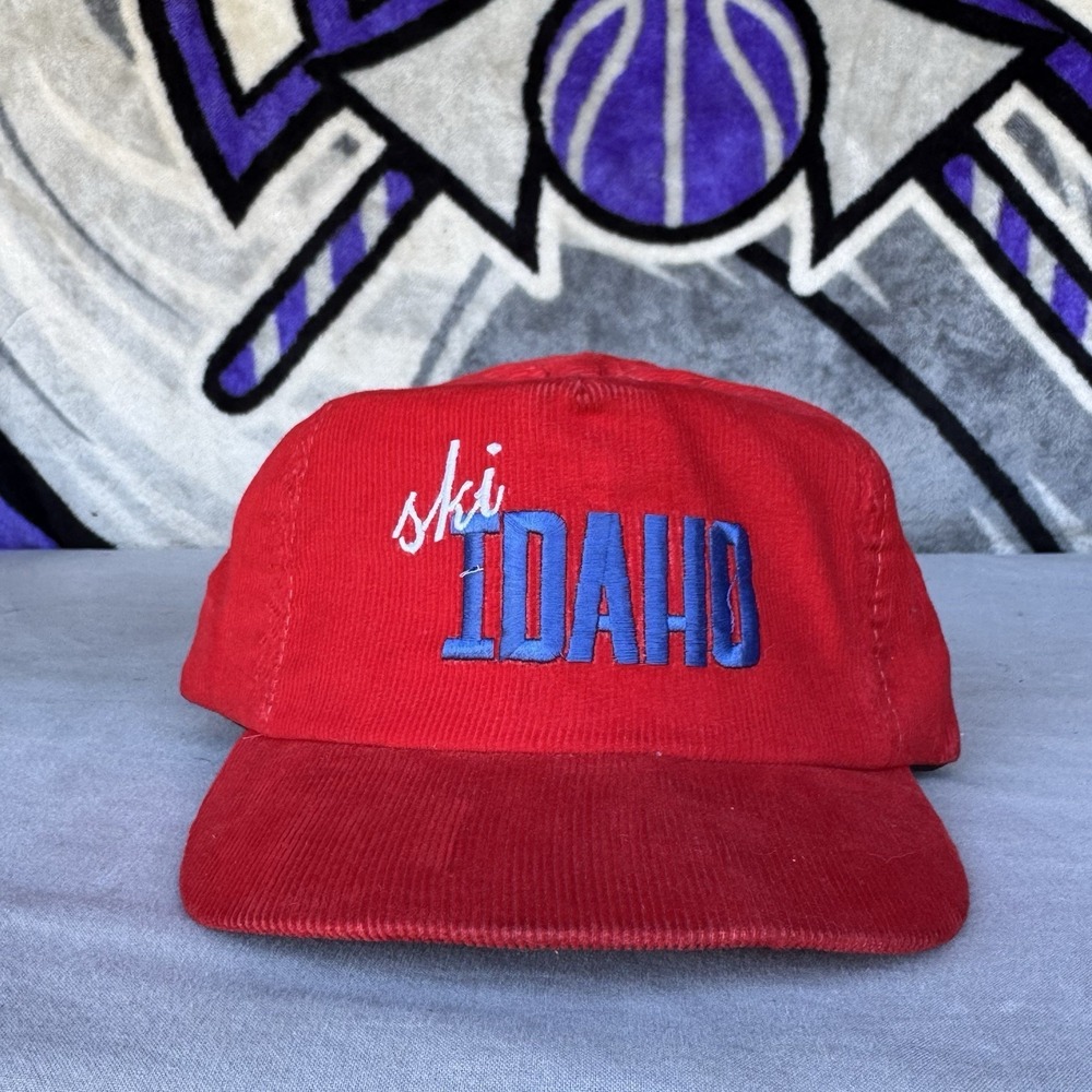 Ski Idaho Vintage 80s Corduroy Strapback Hat Cap Red Mountain‎ Adjustable